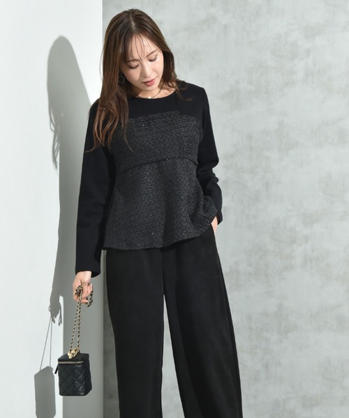 INTERPLANET(インタープラネット)の「ツイード*起毛リブ異素材切替ビスチェ風プルオーバー(Tシャツ/カットソー・レディース・オフホワイト/ブラック・FREE)」の4枚目の写真