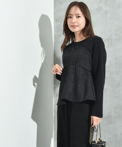 INTERPLANET(インタープラネット)の「ツイード*起毛リブ異素材切替ビスチェ風プルオーバー(Tシャツ/カットソー・レディース・オフホワイト/ブラック・FREE)」の5枚目の写真