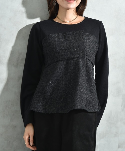 INTERPLANET(インタープラネット)の「ツイード*起毛リブ異素材切替ビスチェ風プルオーバー(Tシャツ/カットソー・レディース・オフホワイト/ブラック・FREE)」の9枚目の写真