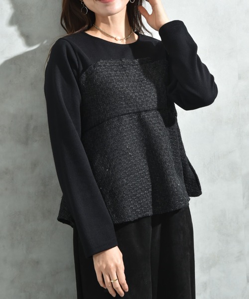 INTERPLANET(インタープラネット)の「ツイード*起毛リブ異素材切替ビスチェ風プルオーバー(Tシャツ/カットソー・レディース・オフホワイト/ブラック・FREE)」の10枚目の写真