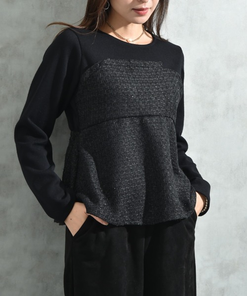 INTERPLANET(インタープラネット)の「ツイード*起毛リブ異素材切替ビスチェ風プルオーバー(Tシャツ/カットソー・レディース・オフホワイト/ブラック・FREE)」の11枚目の写真