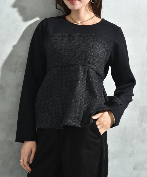 INTERPLANET(インタープラネット)の「ツイード*起毛リブ異素材切替ビスチェ風プルオーバー(Tシャツ/カットソー・レディース・オフホワイト/ブラック・FREE)」の15枚目の写真
