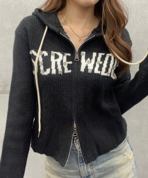 セール】ビジュー付ロゴニットジップパーカー（ニット/セーター