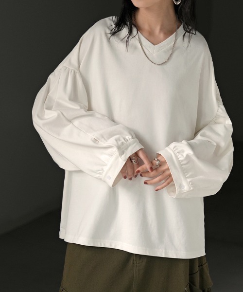HUG.U(ハグユー)の「ぽわん袖VネックロンT(Tシャツ/カットソー・レディース・ブラック/ライトブルー/ライトグレー/ホワイト/ピンク/ミント・FREE)」の10枚目の写真