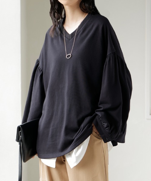 HUG.U(ハグユー)の「ぽわん袖VネックロンT(Tシャツ/カットソー・レディース・ブラック/ライトブルー/ライトグレー/ホワイト/ピンク/ミント・FREE)」の17枚目の写真