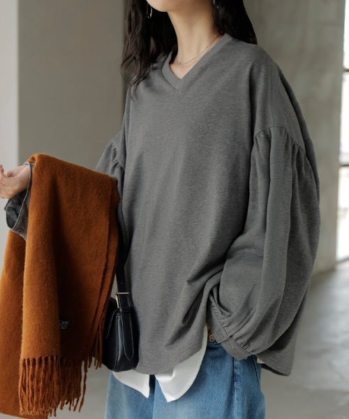 HUG.U(ハグユー)の「ぽわん袖VネックロンT(Tシャツ/カットソー・レディース・ブラック/ライトブルー/ライトグレー/ホワイト/ピンク/ミント・FREE)」の7枚目の写真