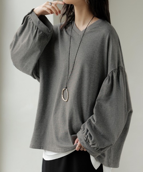 HUG.U(ハグユー)の「ぽわん袖VネックロンT(Tシャツ/カットソー・レディース・ブラック/ライトブルー/ライトグレー/ホワイト/ピンク/ミント・FREE)」の8枚目の写真