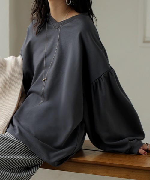 HUG.U(ハグユー)の「ぽわん袖VネックロンT(Tシャツ/カットソー・レディース・ブラック/ライトブルー/ライトグレー/ホワイト/ピンク/ミント・FREE)」の13枚目の写真