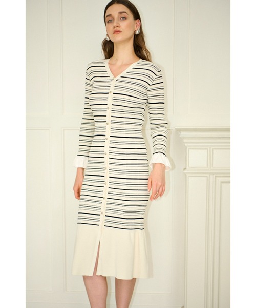 Estella.K(エステラケー)の「Julita Knit Dress リブニットバイカラースリーブニットドレス(ワンピース・レディース・グレー/ブラック/ホワイト系・FREE)」の5枚目の写真