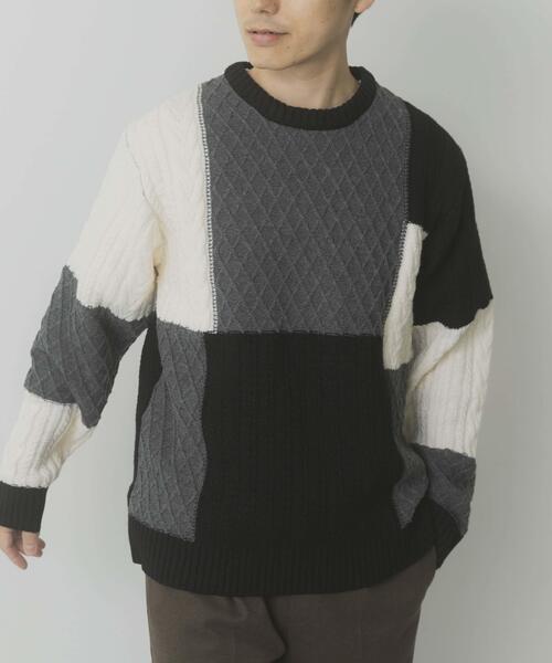 ITEMS URBANRESEARCH(アイテムズ アーバンリサーチ)の「編地切替 クルーネック ニット(ニット/セーター・メンズ・ブラック/ベージュ・MEDIUM/LARGE)」の2枚目の写真