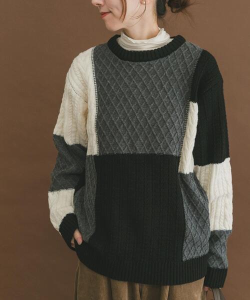 ITEMS URBANRESEARCH(アイテムズ アーバンリサーチ)の「編地切替 クルーネック ニット(ニット/セーター・メンズ・ブラック/ベージュ・MEDIUM/LARGE)」の3枚目の写真