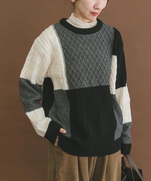 ITEMS URBANRESEARCH(アイテムズ アーバンリサーチ)の「編地切替 クルーネック ニット(ニット/セーター・メンズ・ブラック/ベージュ・MEDIUM/LARGE)」の4枚目の写真