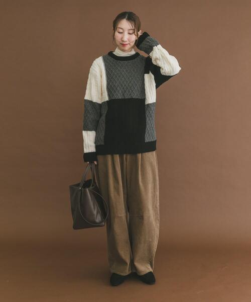 ITEMS URBANRESEARCH(アイテムズ アーバンリサーチ)の「編地切替 クルーネック ニット(ニット/セーター・メンズ・ブラック/ベージュ・MEDIUM/LARGE)」の6枚目の写真