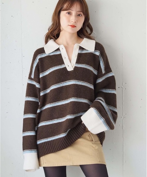 tiptop（ティップトップ）の「ボーダーポロ襟ニットプルオーバー（ニット/セーター・レディース・チャコールグレー/ネイビー/ブラウン・FREE）」の3枚目の写真