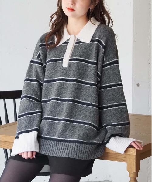 tiptop（ティップトップ）の「ボーダーポロ襟ニットプルオーバー（ニット/セーター・レディース・チャコールグレー/ネイビー/ブラウン・FREE）」の2枚目の写真