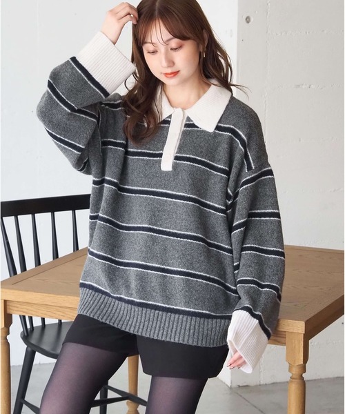 tiptop（ティップトップ）の「ボーダーポロ襟ニットプルオーバー（ニット/セーター・レディース・チャコールグレー/ネイビー/ブラウン・FREE）」の21枚目の写真