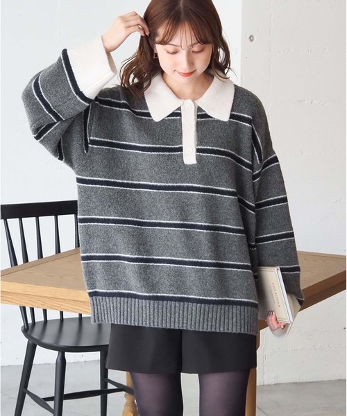 tiptop（ティップトップ）の「ボーダーポロ襟ニットプルオーバー（ニット/セーター・レディース・チャコールグレー/ネイビー/ブラウン・FREE）」の22枚目の写真