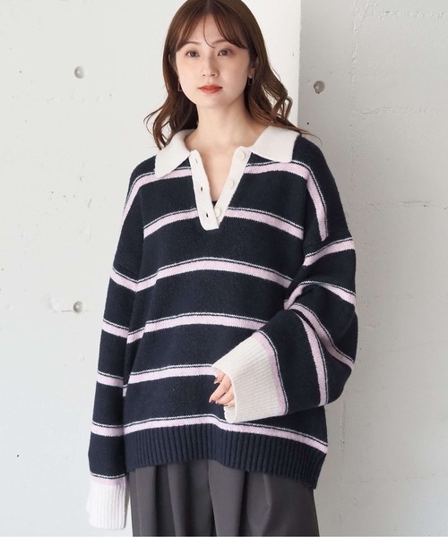 tiptop（ティップトップ）の「ボーダーポロ襟ニットプルオーバー（ニット/セーター・レディース・チャコールグレー/ネイビー/ブラウン・FREE）」の6枚目の写真