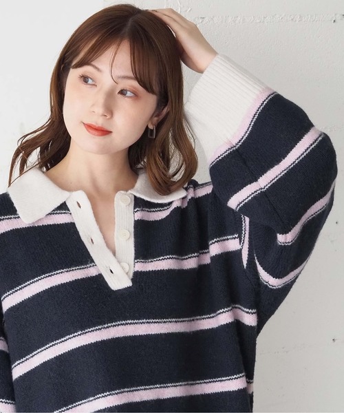 tiptop（ティップトップ）の「ボーダーポロ襟ニットプルオーバー（ニット/セーター・レディース・チャコールグレー/ネイビー/ブラウン・FREE）」の7枚目の写真