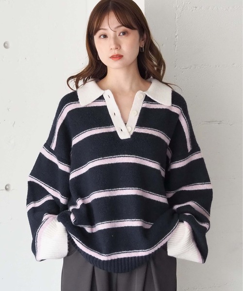 tiptop（ティップトップ）の「ボーダーポロ襟ニットプルオーバー（ニット/セーター・レディース・チャコールグレー/ネイビー/ブラウン・FREE）」の8枚目の写真