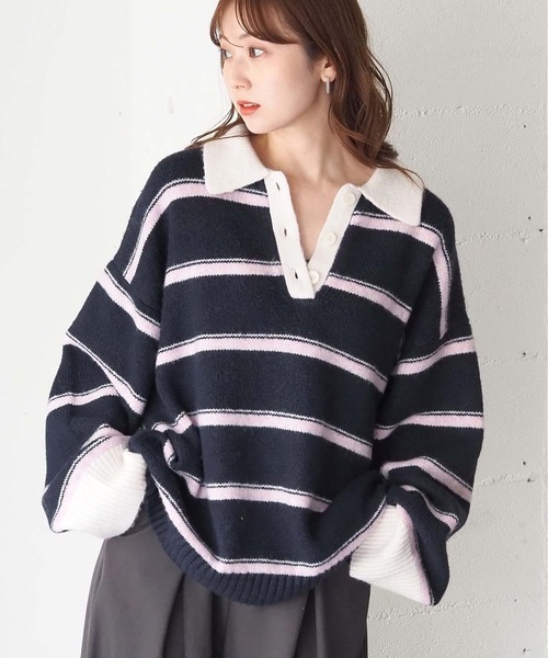 tiptop（ティップトップ）の「ボーダーポロ襟ニットプルオーバー（ニット/セーター・レディース・チャコールグレー/ネイビー/ブラウン・FREE）」の9枚目の写真