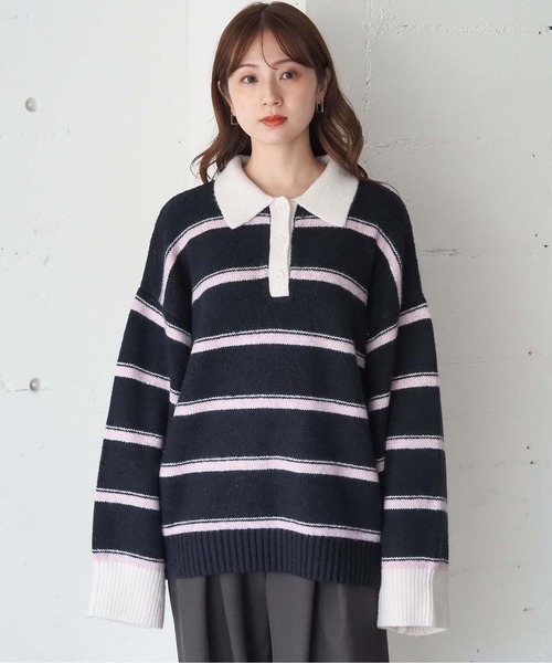 tiptop（ティップトップ）の「ボーダーポロ襟ニットプルオーバー（ニット/セーター・レディース・チャコールグレー/ネイビー/ブラウン・FREE）」の10枚目の写真