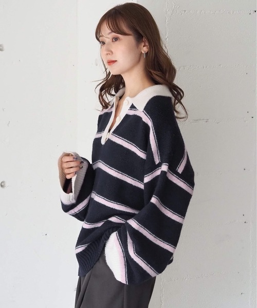 tiptop（ティップトップ）の「ボーダーポロ襟ニットプルオーバー（ニット/セーター・レディース・チャコールグレー/ネイビー/ブラウン・FREE）」の11枚目の写真