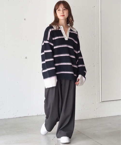 tiptop（ティップトップ）の「ボーダーポロ襟ニットプルオーバー（ニット/セーター・レディース・チャコールグレー/ネイビー/ブラウン・FREE）」の13枚目の写真