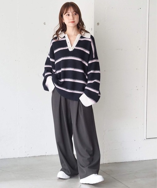 tiptop（ティップトップ）の「ボーダーポロ襟ニットプルオーバー（ニット/セーター・レディース・チャコールグレー/ネイビー/ブラウン・FREE）」の14枚目の写真