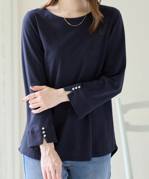 alotta(アロッタ)の「8分袖パール調ボタンTシャツ(Tシャツ/カットソー・レディース・ネイビー/チャコール/ブラック/ダークラベンダー・M/L/LL)」の8枚目の写真