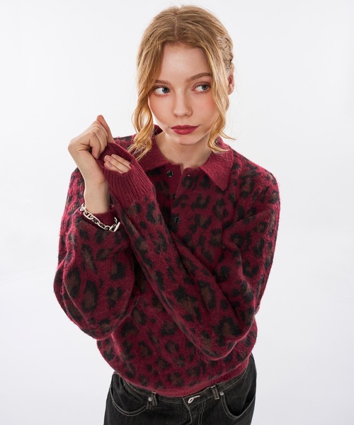 WISH FOR EVER(ウィッシュフォーエバー)の「【 3size / 3color 】LEOPARD JACQUARD KNIT POLO(ニット/セーター・メンズ・チャコールグレー/ブラウン/ワインレッド・SMALL/LARGE/MEDIUM)」の3枚目の写真