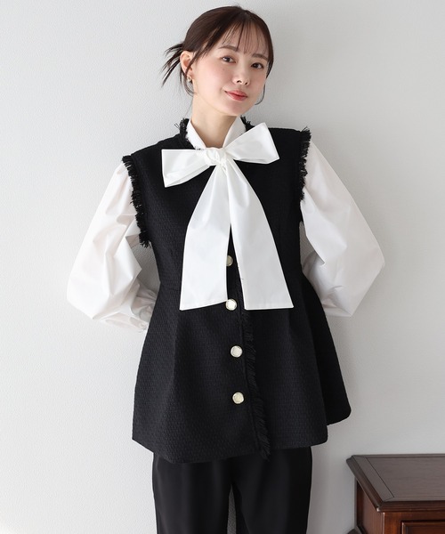 BLUEEAST（ブルーイースト）の「ツイードペプラムフォルムジレ 卒業式 入学式 結婚式 成人式 二次会 同窓会 セレモニー パーティードレス オケージョンドレス お呼ばれ（ベスト・レディース・ブラック/ホワイト・MEDIUM/LARGE）」の2枚目の写真