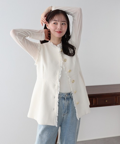 BLUEEAST（ブルーイースト）の「ツイードペプラムフォルムジレ 卒業式 入学式 結婚式 成人式 二次会 同窓会 セレモニー パーティードレス オケージョンドレス お呼ばれ（ベスト・レディース・ブラック/ホワイト・MEDIUM/LARGE）」の3枚目の写真