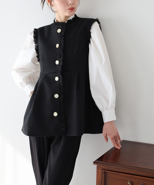 BLUEEAST（ブルーイースト）の「ツイードペプラムフォルムジレ 卒業式 入学式 結婚式 成人式 二次会 同窓会 セレモニー パーティードレス オケージョンドレス お呼ばれ（ベスト・レディース・ブラック/ホワイト・MEDIUM/LARGE）」の22枚目の写真