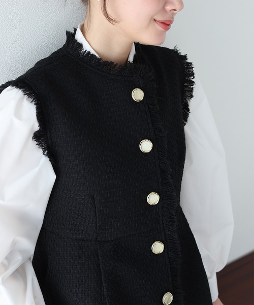 BLUEEAST（ブルーイースト）の「ツイードペプラムフォルムジレ 卒業式 入学式 結婚式 成人式 二次会 同窓会 セレモニー パーティードレス オケージョンドレス お呼ばれ（ベスト・レディース・ブラック/ホワイト・MEDIUM/LARGE）」の18枚目の写真