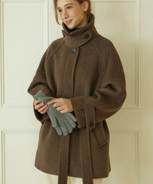 Raglan Belted Wool Half Coat - Brown