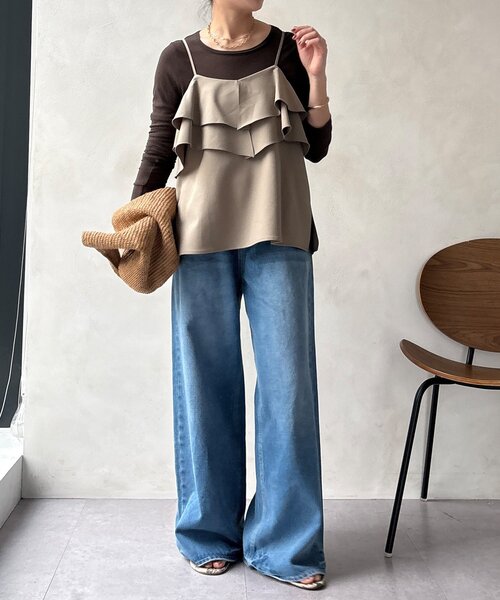 DouDou(ドゥドゥ)の「【セットアップ可能】ドライタッチフリルキャミ(シャツ/ブラウス・レディース・チャコールグレー/グレイッシュベージュ/ブラック・FREE)」の15枚目の写真