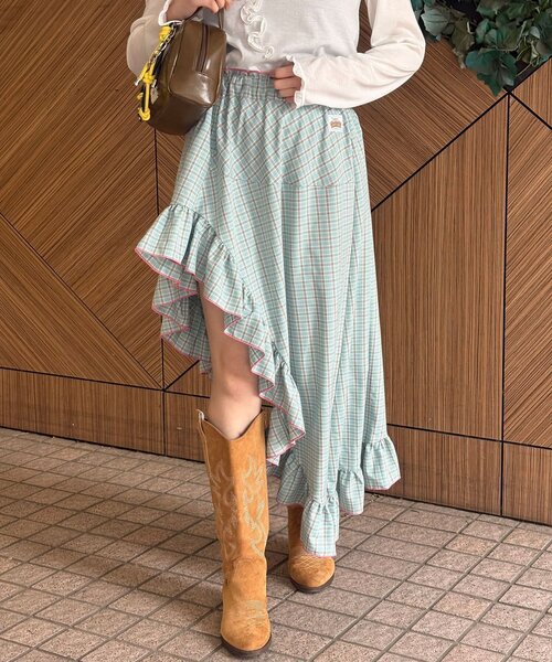 HELLO.SANFRANCISCO（ハローサンフランシスコ）の「【HELLO.SANFRANCISCO/ハローサンフランシスコ】アシメフリルチェックスカート（スカート・レディース・ブルー/グリーン/オレンジ・ONE SIZE）」の3枚目の写真