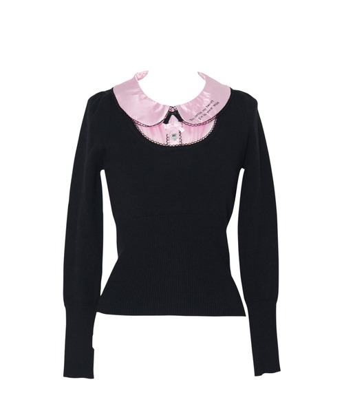 AVENCHUMU(アバンチュウム)の「Satin blouse ribbon jewele knit tops(ニット/セーター・レディース・ブラック×ピンク/ピンク/ブラック・FREE)」の2枚目の写真
