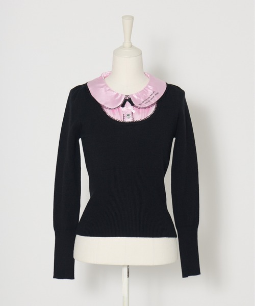 AVENCHUMU(アバンチュウム)の「Satin blouse ribbon jewele knit tops(ニット/セーター・レディース・ブラック×ピンク/ピンク/ブラック・FREE)」の6枚目の写真