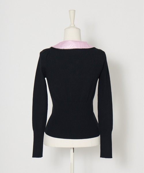 AVENCHUMU(アバンチュウム)の「Satin blouse ribbon jewele knit tops(ニット/セーター・レディース・ブラック×ピンク/ピンク/ブラック・FREE)」の8枚目の写真