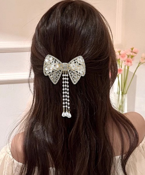 セール】リボンバレッタ ヘアクリップ はな ゆらゆらチェーン付き 髪