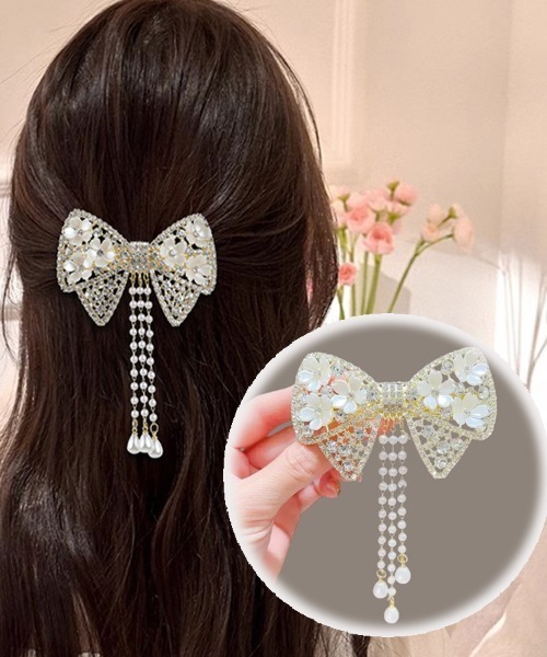 セール】リボンバレッタ ヘアクリップ はな ゆらゆらチェーン付き 髪