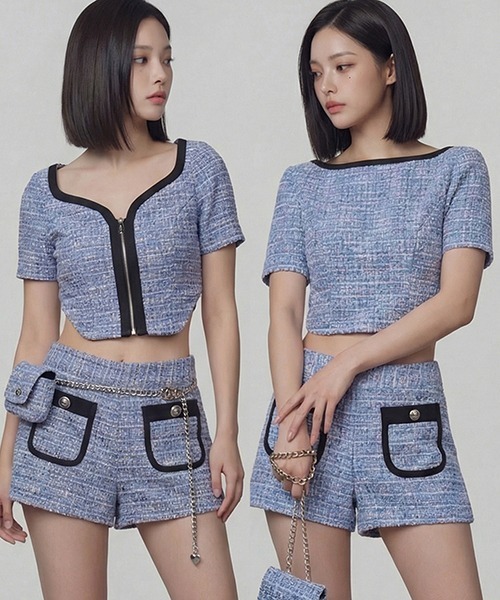 DURAS（デュラス）の「フロントジップツイードトップ（Tシャツ/カットソー・レディース・ライム/ブラック/ブルー/ピンク・ONE SIZE）」の3枚目の写真