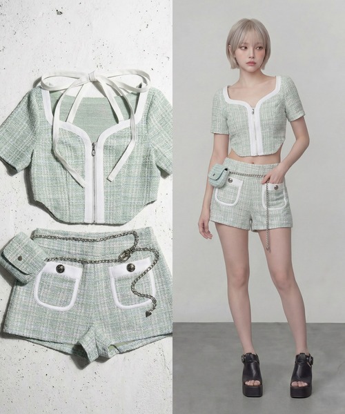 DURAS（デュラス）の「フロントジップツイードトップ（Tシャツ/カットソー・レディース・ライム/ブラック/ブルー/ピンク・ONE SIZE）」の10枚目の写真