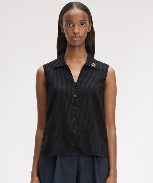 FRED PERRY(フレッドペリー)の「Sheer Stripe Sleeveless Shirt/シアーストライプノースリーブシャツ(シャツ/ブラウス・レディース・ブラック・10/8)」の5枚目の写真