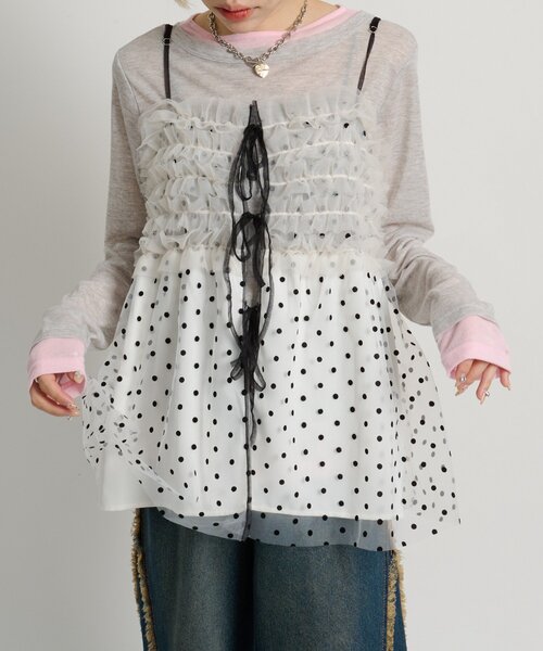 w closet（ダブルクローゼット）の「ドットチュールキャミ（シャツ/ブラウス・レディース・オフホワイト/ブラック・FREE）」の3枚目の写真