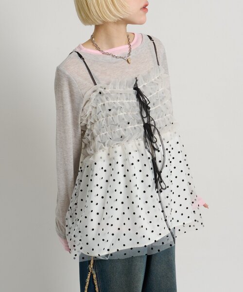 w closet（ダブルクローゼット）の「ドットチュールキャミ（シャツ/ブラウス・レディース・オフホワイト/ブラック・FREE）」の7枚目の写真