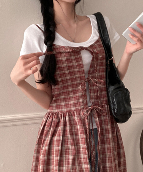 VIVID LADY(ビビッドレディー)の「チェック柄 フロントリボン レイヤードキャミワンピース(ワンピース・レディース・ブラウン/ワイン/ブラック・FREE)」の10枚目の写真