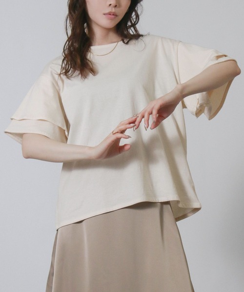 NYLAUS(ナイラス)の「【SG】袖フリル オーバーサイズTシャツ 半袖Tシャツ(Tシャツ/カットソー・レディース・ベージュ/ブラック/アイボリー・M)」の6枚目の写真